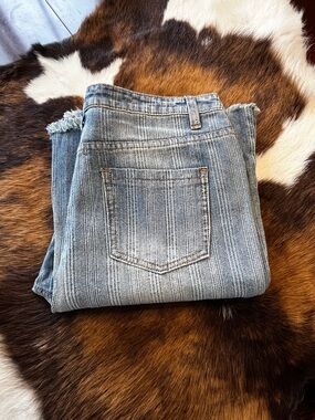 POL Women's Frayed Flared Light Blue Pinstripe Jeans